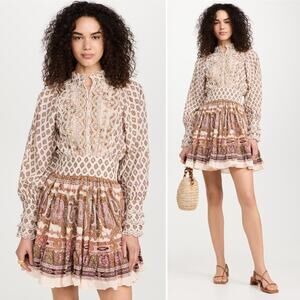 byTiMo Cotton Slub Mini Dress Eyelet Ruffle Button Front Long Sleeve Paisley XS